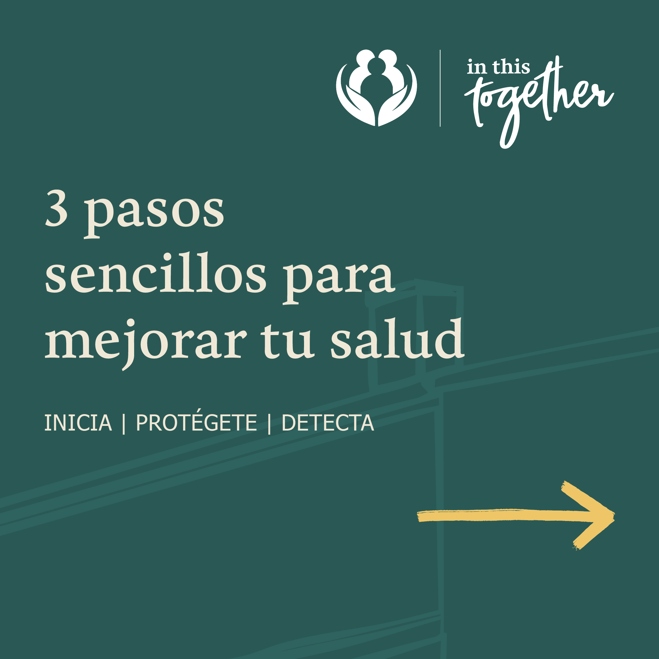 Portada del carrusel titulada "3 pasos sencillos para mejorar tu salud" con los temas: Inicia, Protégete y Detecta.
