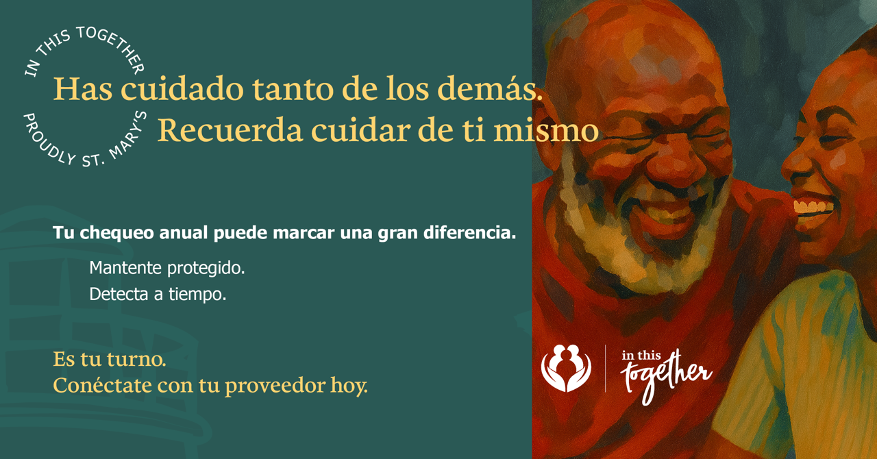 Gráfico de atención preventiva que muestra a dos adultos sonriendo juntos, con un mensaje que promueve los chequeos regulares y la conexión con un proveedor de atención médica.