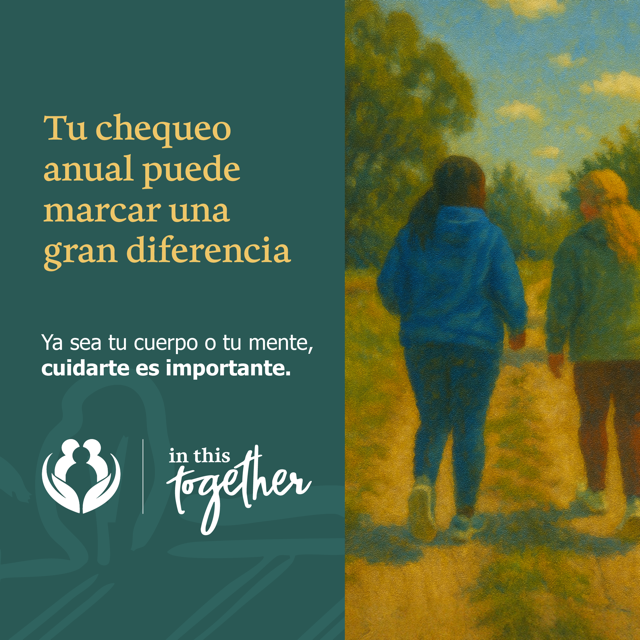 Illustrated image of two people walking together on a path, promoting support and connection for mental well-being.
