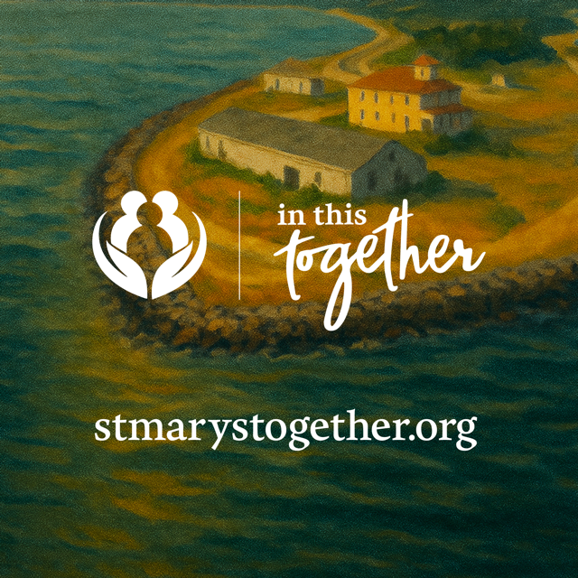 Illustrated aerial view of a coastal shoreline with buildings near the water. The In This Together logo appears above the website address: stmarystogether.org.