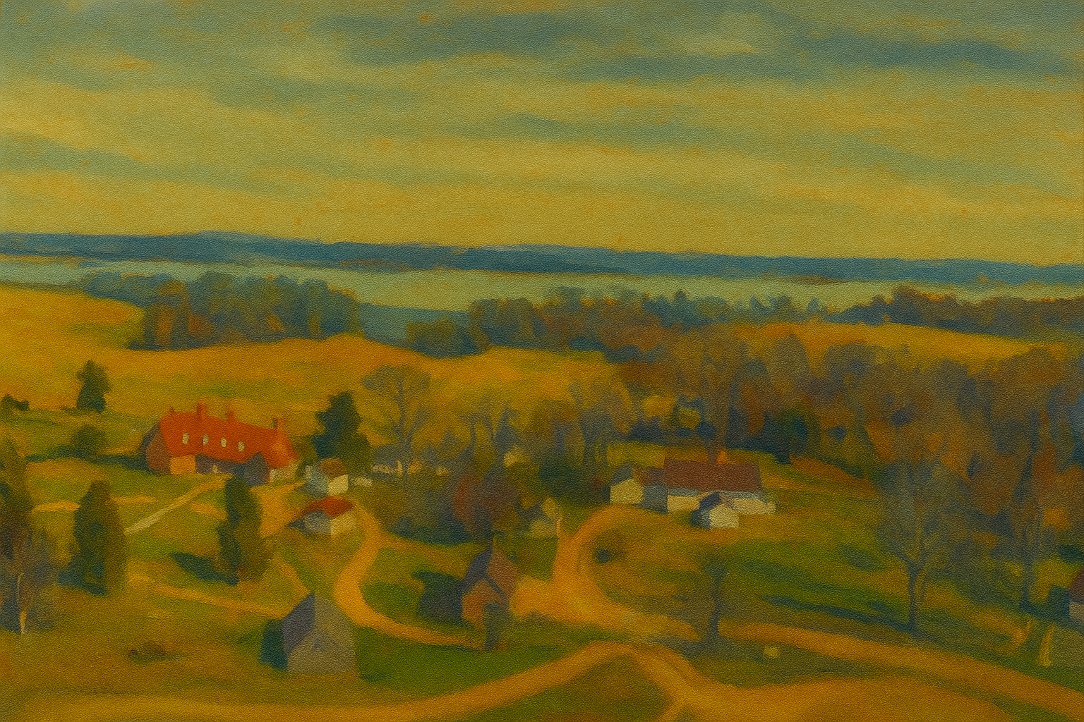 Painting-style landscape of St. Mary’s County featuring historic buildings, open fields, and water in the distance.