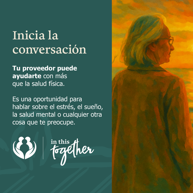 Ilustración de una persona observando el agua al atardecer, representando reflexión, bienestar y conversaciones sobre la salud.