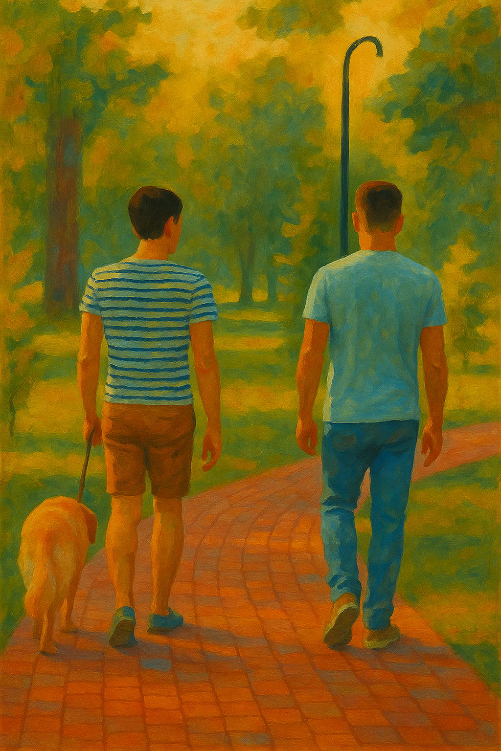 Illustration of two young people walking together with a dog along a tree-lined path. The image conveys friendship, support, and healthy social connections.