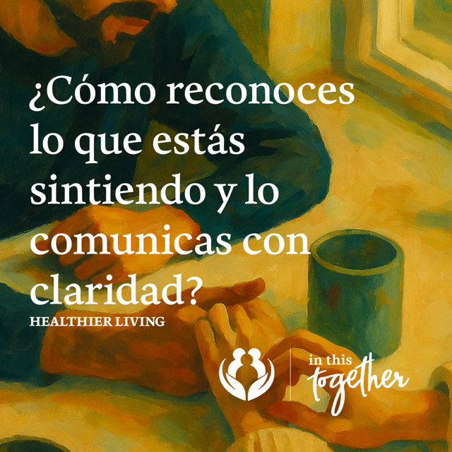 Ilustración de personas sentadas en una mesa con texto sobre reconocer y comunicar sentimientos.