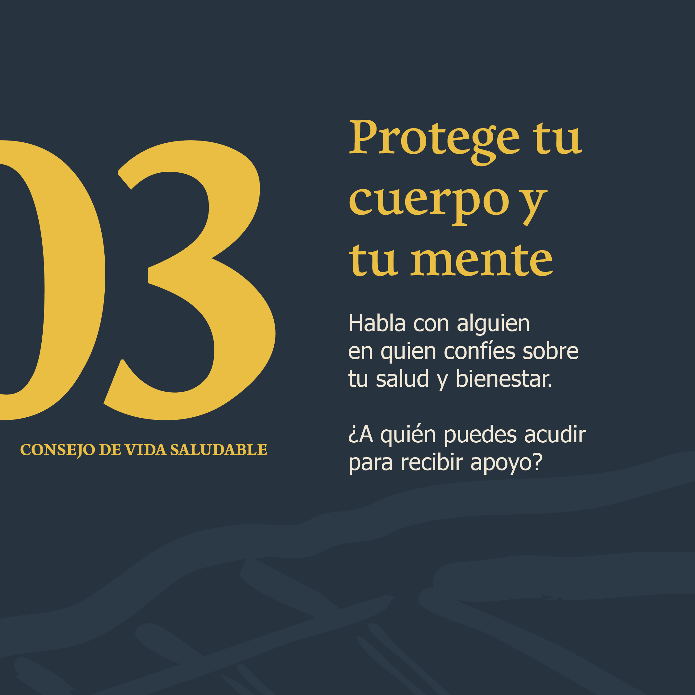 Diapositiva identificada como “Consejo de vida saludable 03”. Invita a hablar con alguien de confianza sobre la salud y el bienestar y a pensar en quién puede brindar apoyo.
