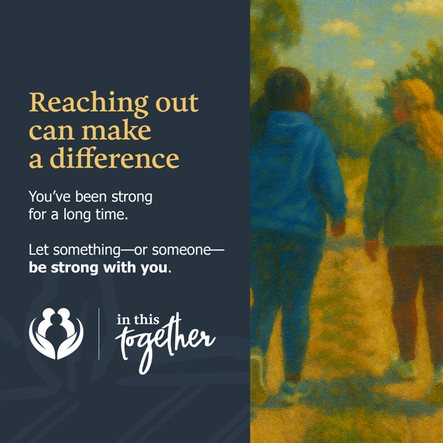 Illustrated image of two people walking side by side outdoors, encouraging reaching out for support.
