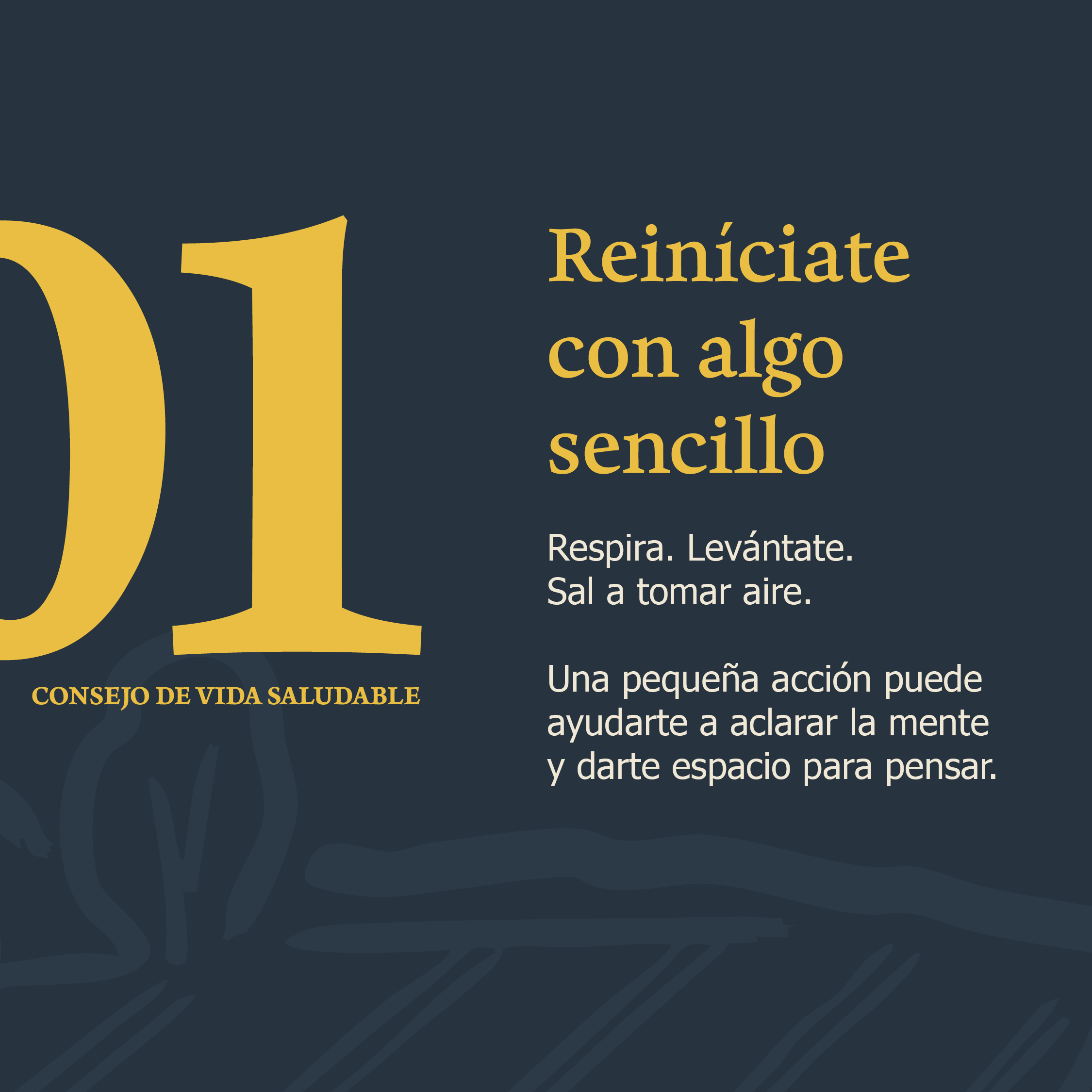 Diapositiva identificada como “Consejo de vida saludable 01”. Invita a reiniciarse con algo sencillo, como respirar profundamente, levantarse o salir a tomar aire para despejar la mente.