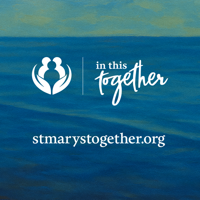 Tarjeta final de la campaña con el logotipo In This Together y la dirección del sitio web stmarystogether.org para obtener más información.