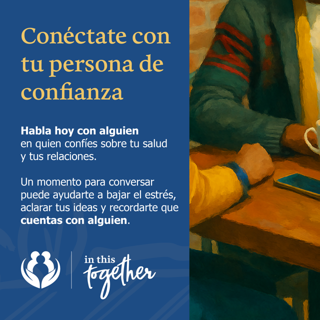 Ilustración de dos personas conversando en una mesa con una taza y un teléfono cerca.