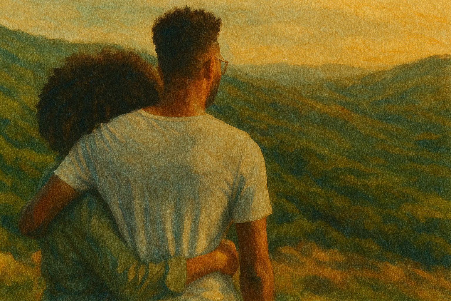 Illustration of two young people standing side by side overlooking a landscape. The image represents friendship, support, and healthy relationships.