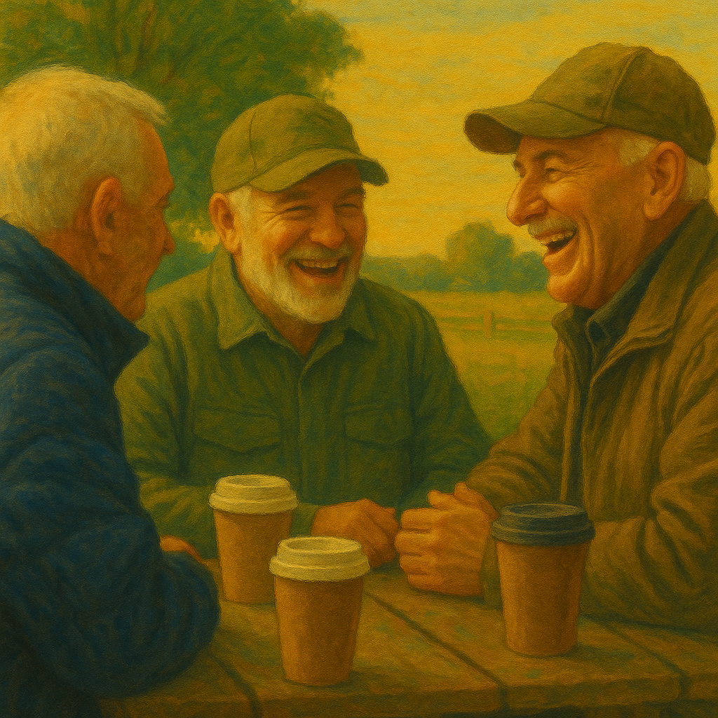 Warm illustration of three older men enjoying a conversation over coffee. The image represents social connection, community support, and preventive care for overall well-being.