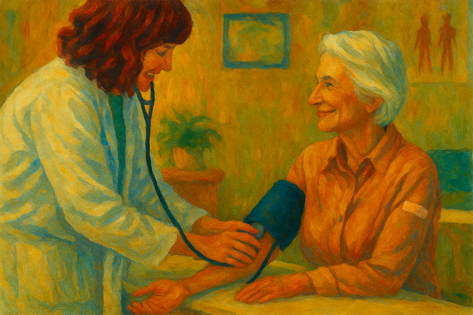 Healthcare professional checking an older adult's blood pressure during a routine health visit.