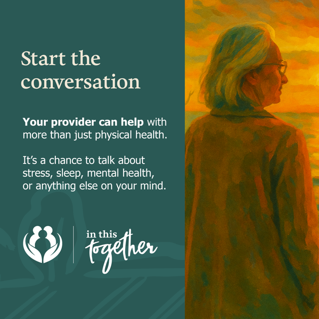 Illustration of an older adult looking toward a bright horizon. The graphic encourages talking with healthcare providers about physical health, mental health, stress, sleep, and overall well-being.
