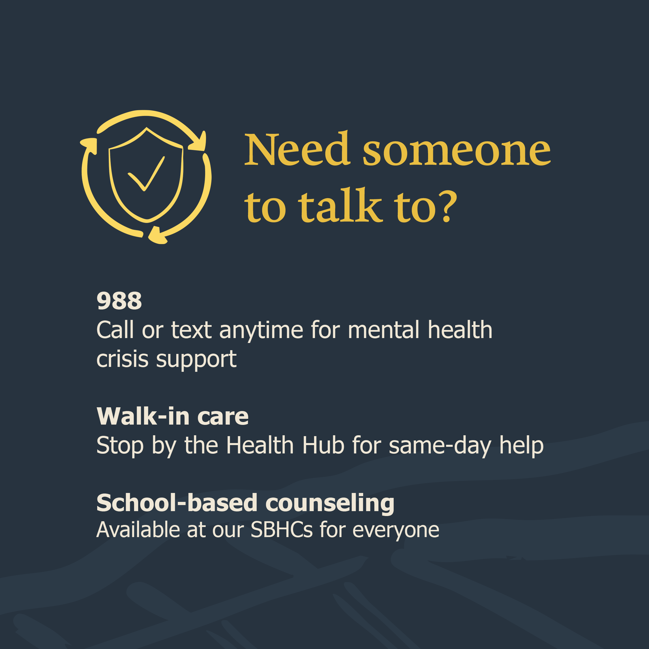 Resource slide listing support options including the 988 Suicide & Crisis Lifeline, walk-in care at the Health Hub, and school-based counseling services.
