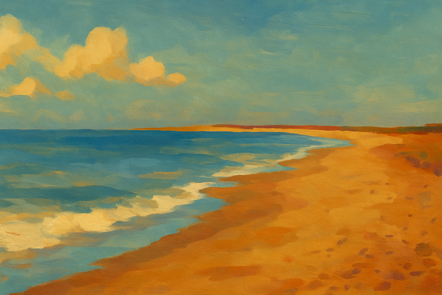 Illustrated beach and shoreline reminiscent of St. Mary's County's waterfront communities, with blue water, sandy dunes, and soft clouds. Decorative image celebrating the local landscape.