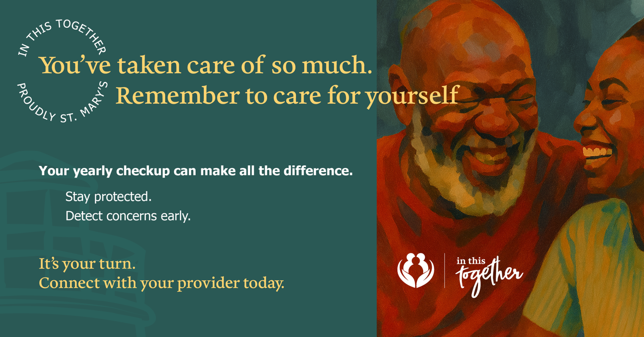 Preventive care graphic showing two smiling adults, with text encouraging yearly checkups and connecting with a healthcare provider.