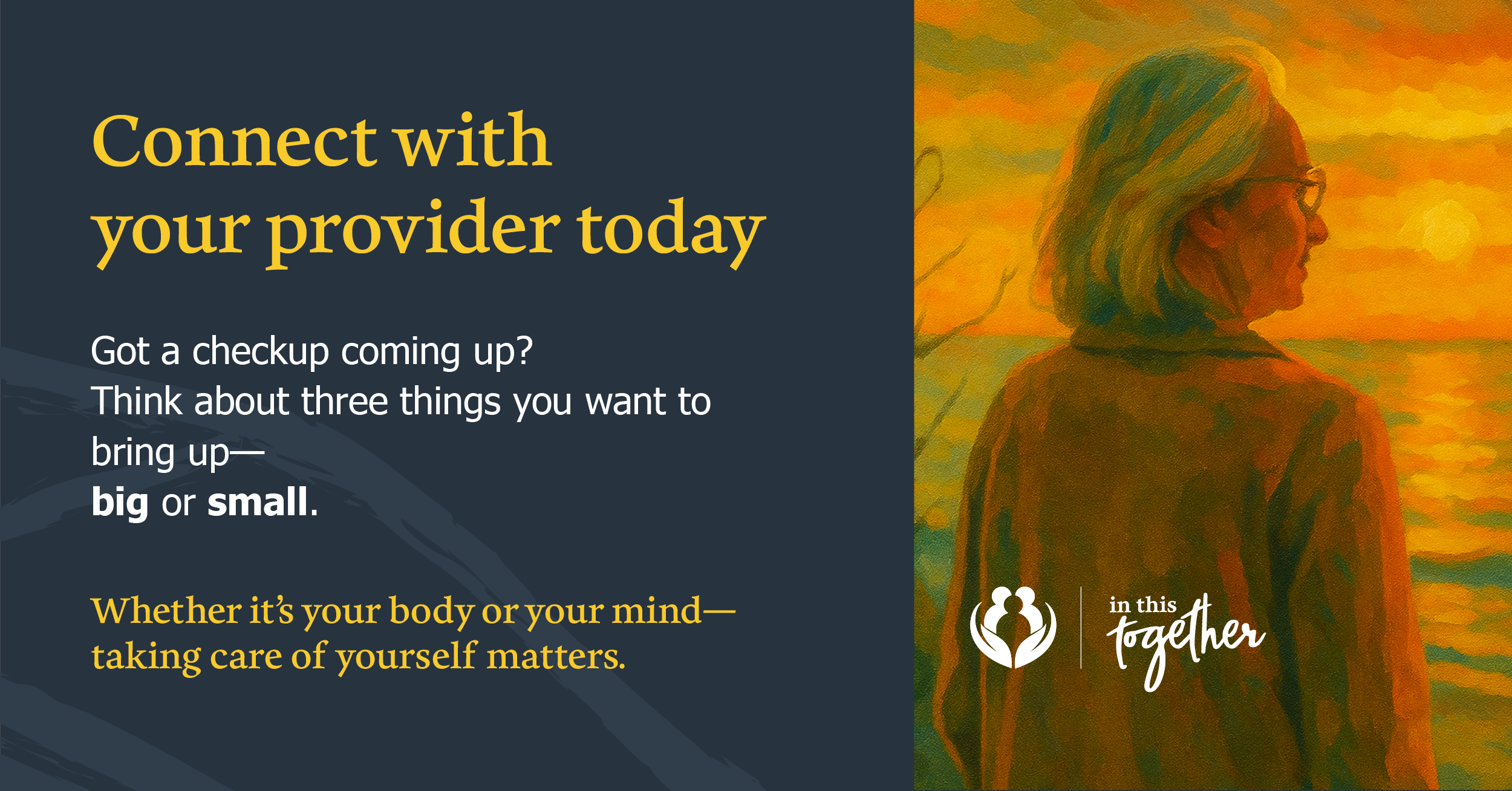 Preventive care graphic showing an older adult near the water at sunset, with text encouraging people to prepare questions for an upcoming checkup.