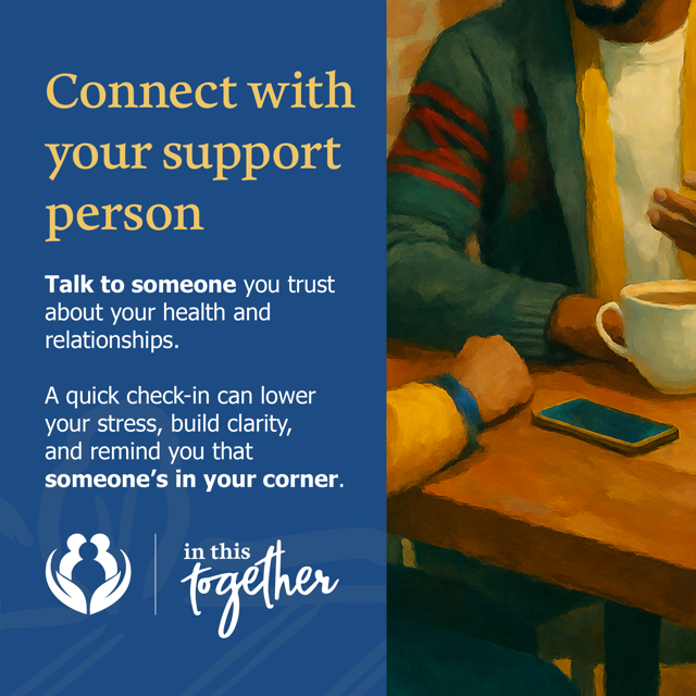 Illustration of two people talking at a table with a cup and phone nearby.