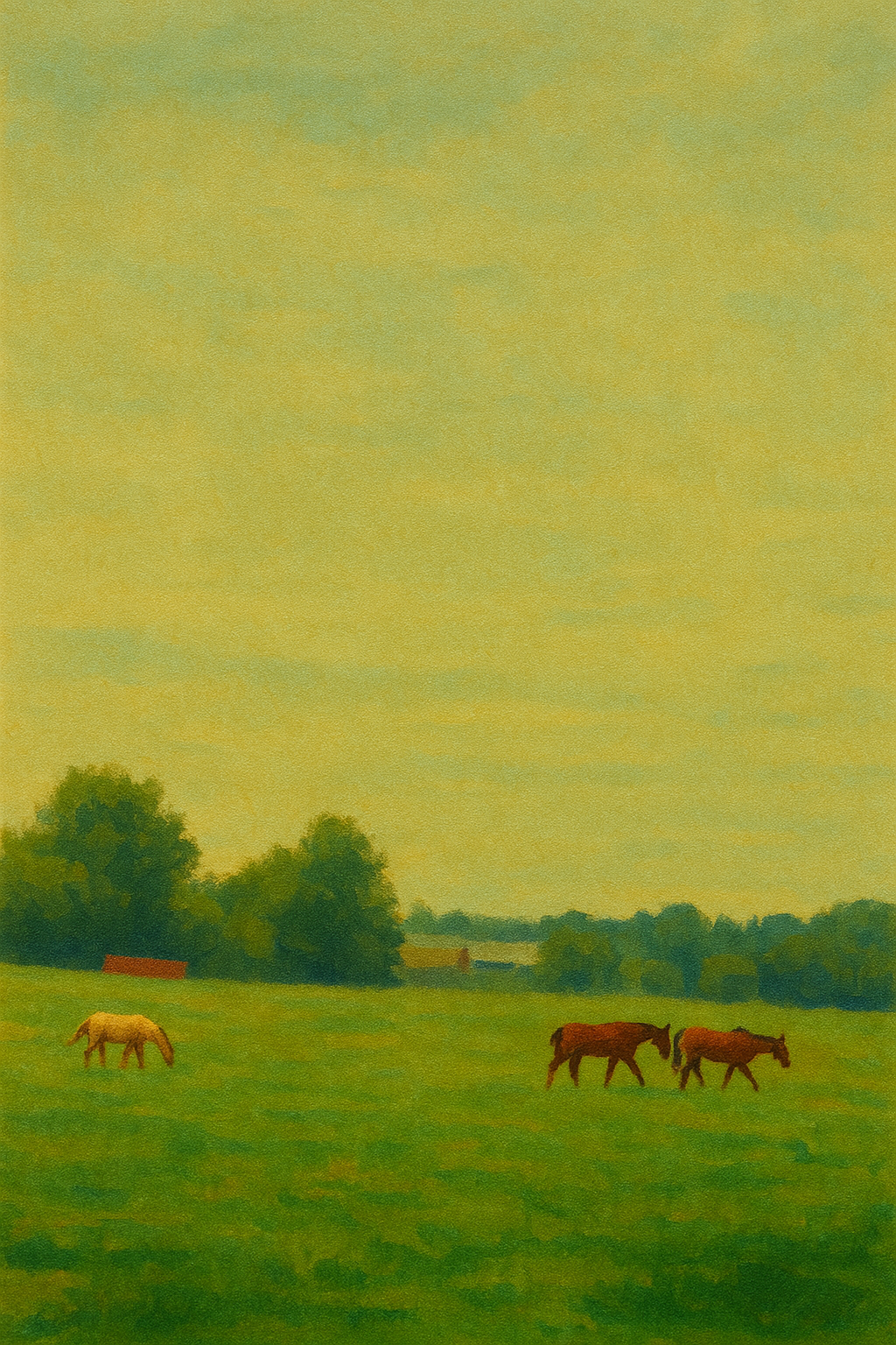 Painting-style St. Mary’s County farmland with horses grazing in a green pasture.