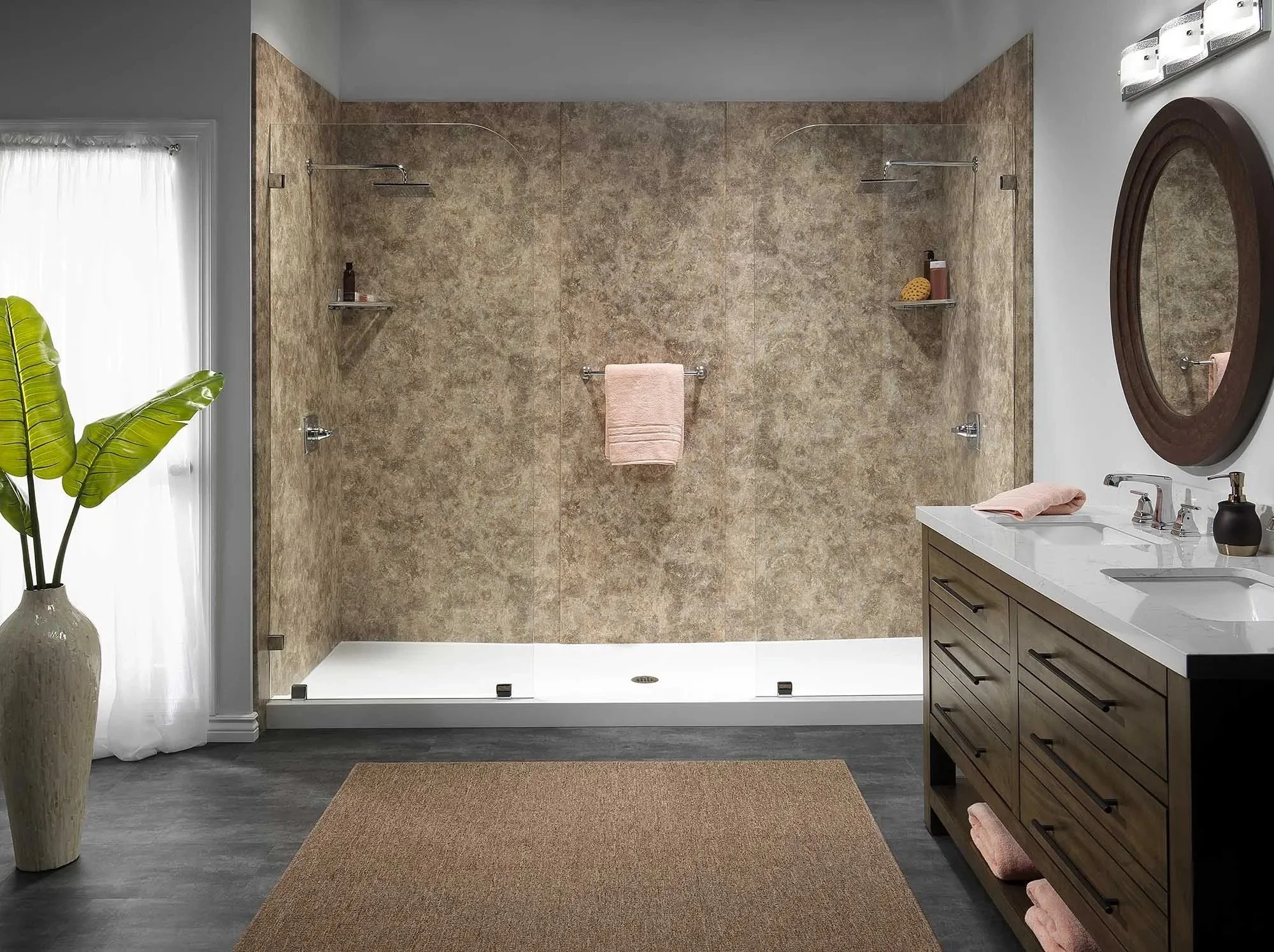 Modern bathroom with glass-enclosed walk-in shower, double sink vanity, large mirror, and potted plant near window with sheer curtains.