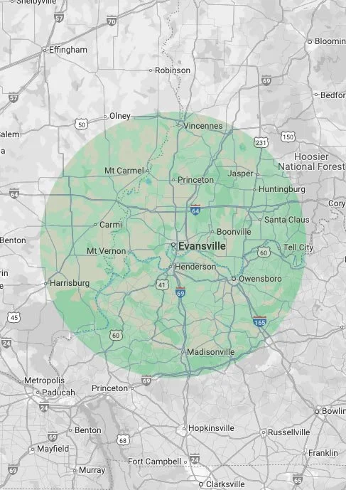 Map of Evansville, Indiana, and surrounding areas, highlighted with a green shaded circle covering north to south parts of southwestern Indiana and parts of Kentucky.