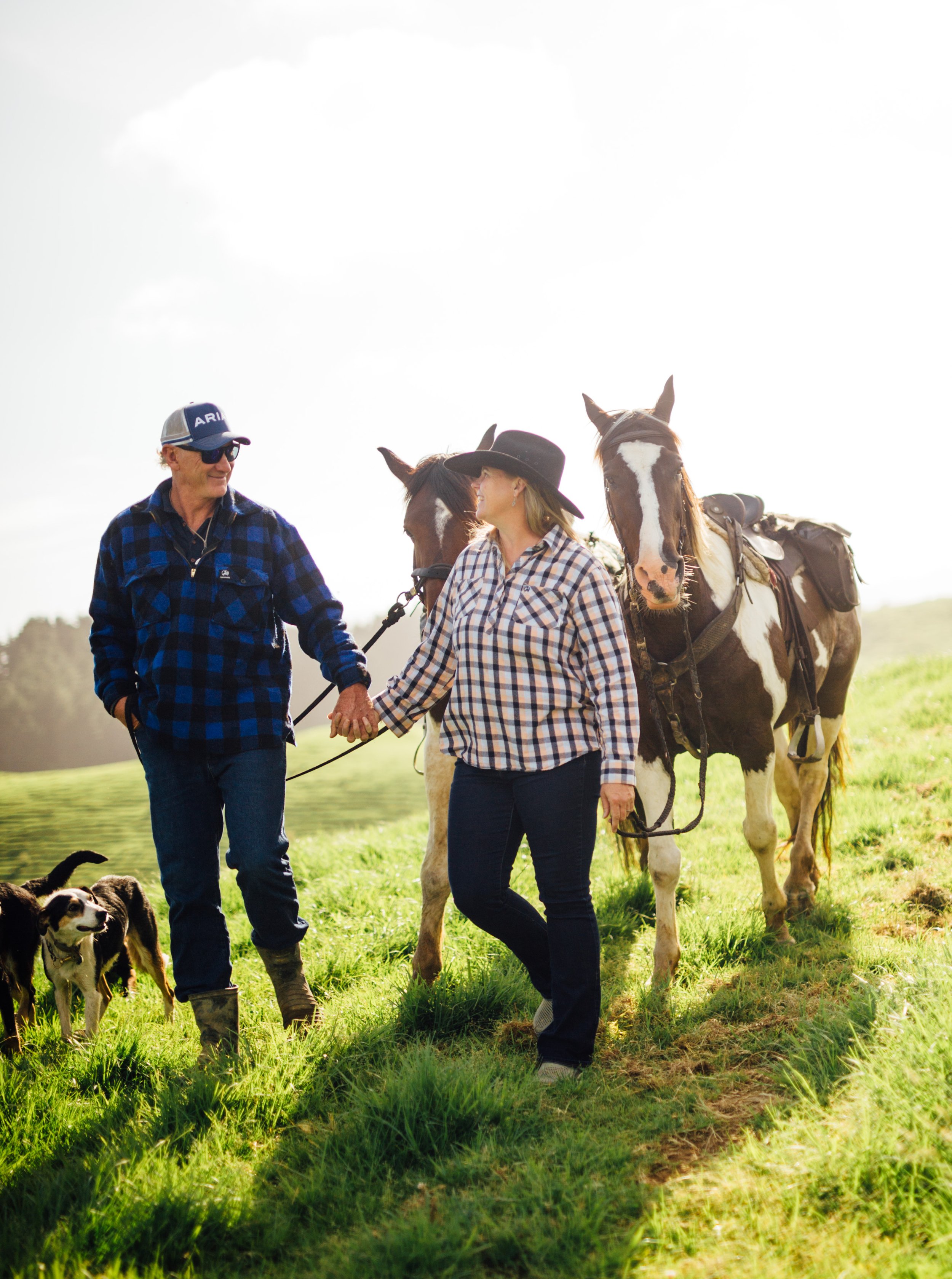 A man and a woman walking in a grassy field with two horses and a dog, shaking hands and smiling, both wearing plaid shirts. The man has a cap and sunglasses, the woman has a wide-brimmed hat. The horses are saddled and the dog is a small to medium breed.
