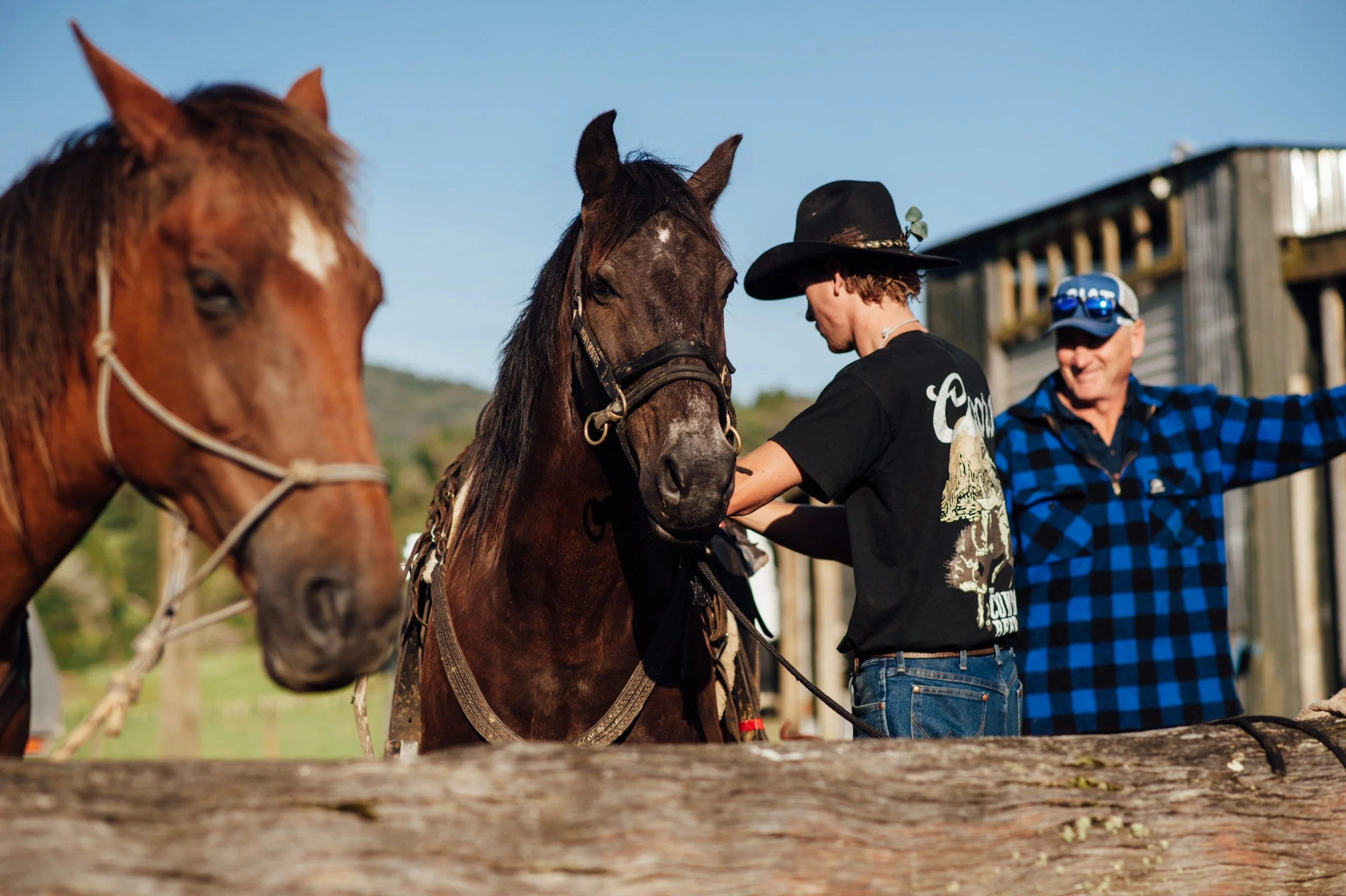 Two men with horses outdoors, one in a black hat and black T-shirt, the other in a blue plaid shirt and sunglasses, near a wooden fence and a barn.