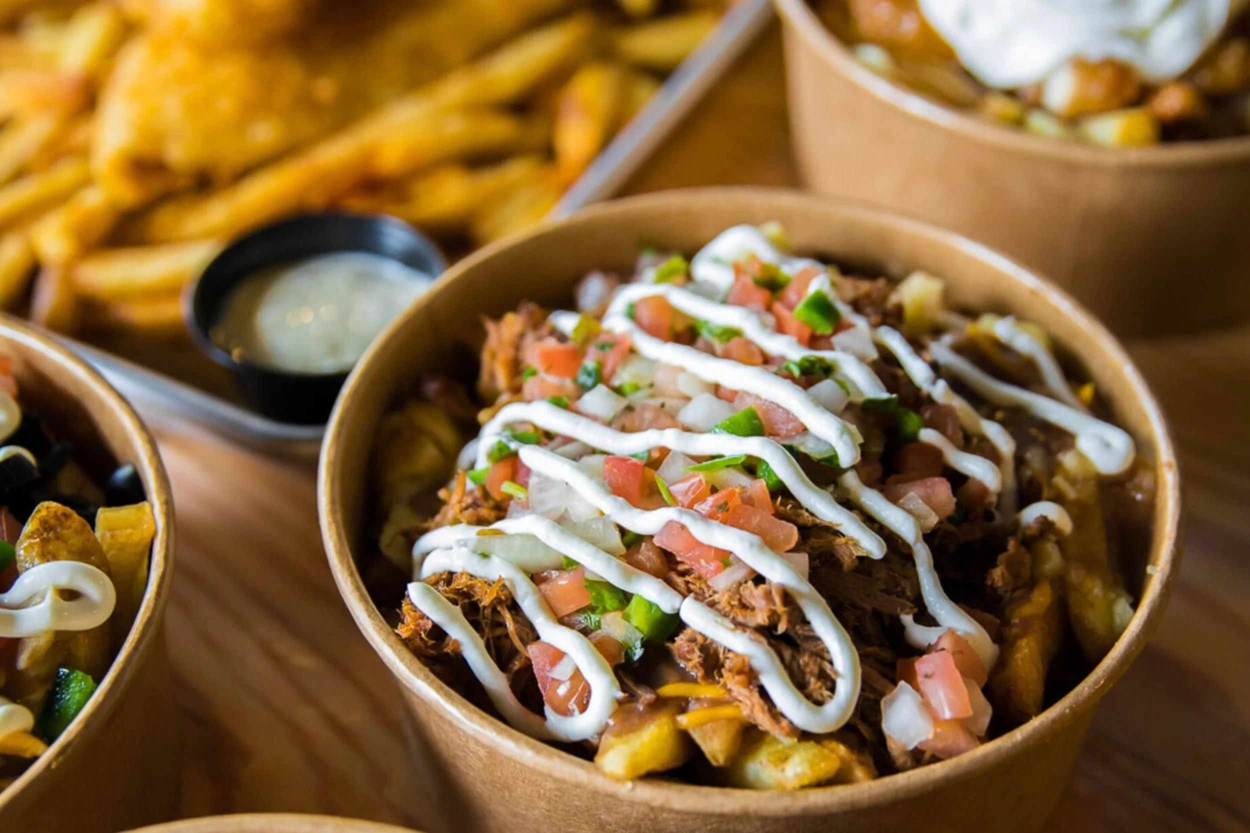 A bowl of shredded beef topped with chopped tomatoes, onions, green peppers, and drizzled with sour cream and white sauce, with French fries and dipping sauces in the background.