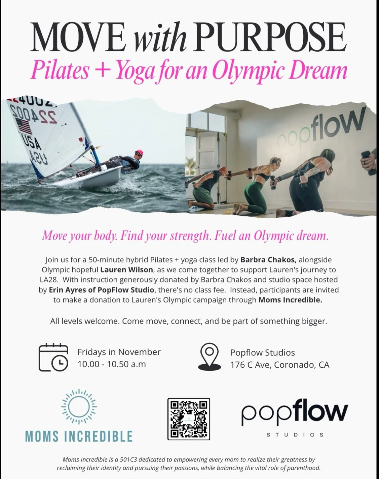What if your Friday morning workout could help fuel an Olympic dream? 💗⛵️

This November, we&rsquo;re turning movement into something meaningful.

My friend Barbra Chakos is generously donating her time to lead a 50-minute hybrid Pilates + yoga clas