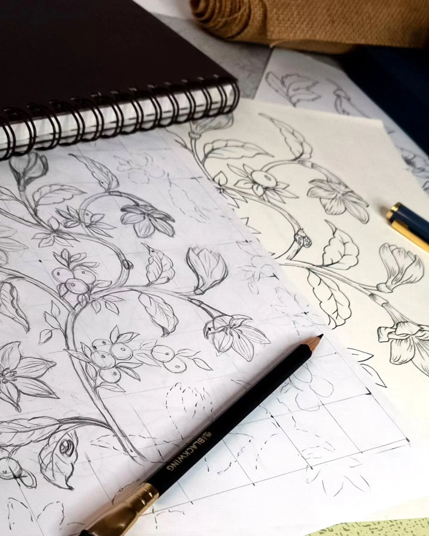 You already know that I have a passion for drawing, but I also love the added challenge of creating a design that will repeat across a larger surface, like wallpaper and fabric. Behind every design, there are simple sketches, a layout plan, inking an