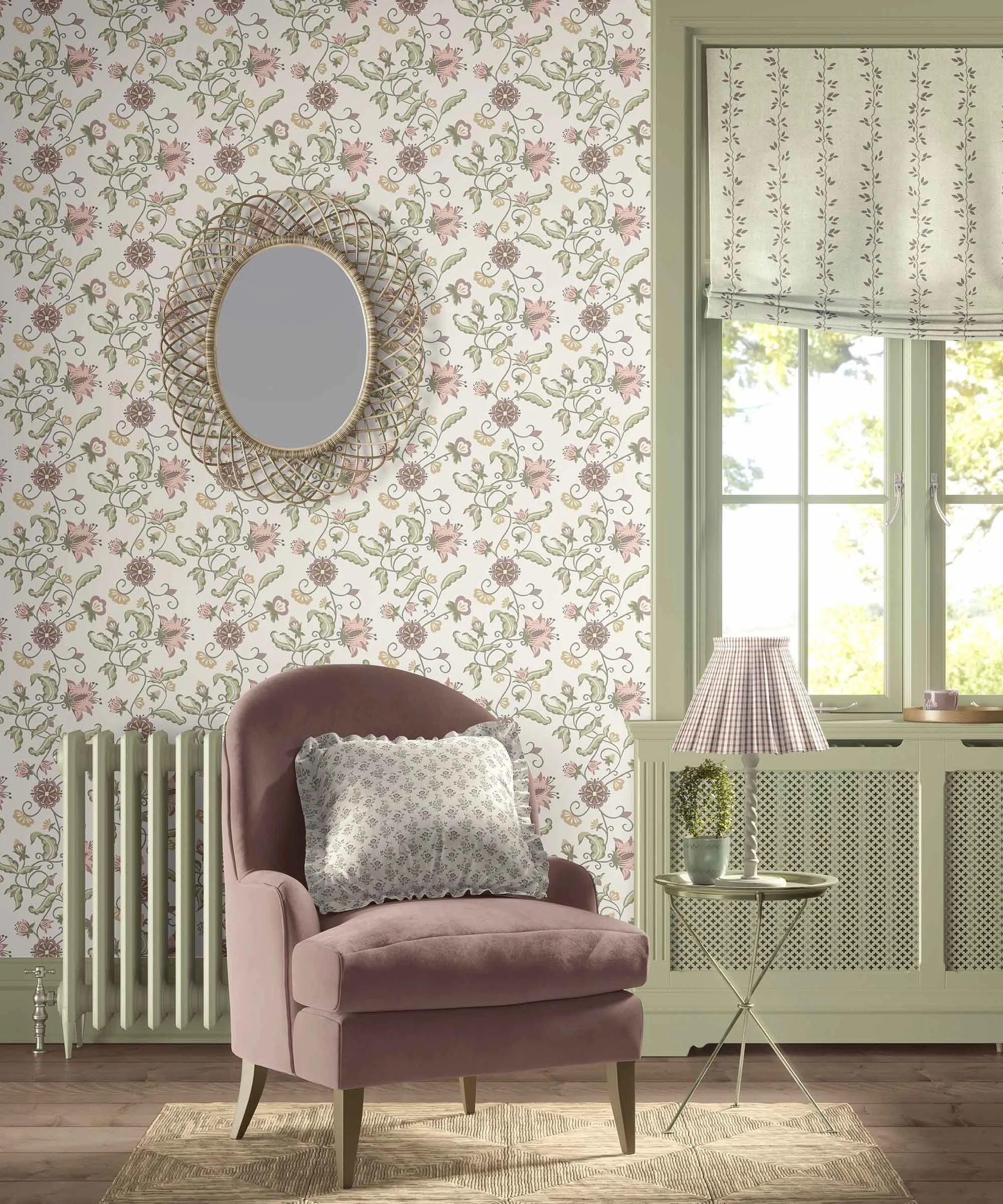 A cottage style sitting area displaying coordinated repeating patterns on wallpaper and fabrics