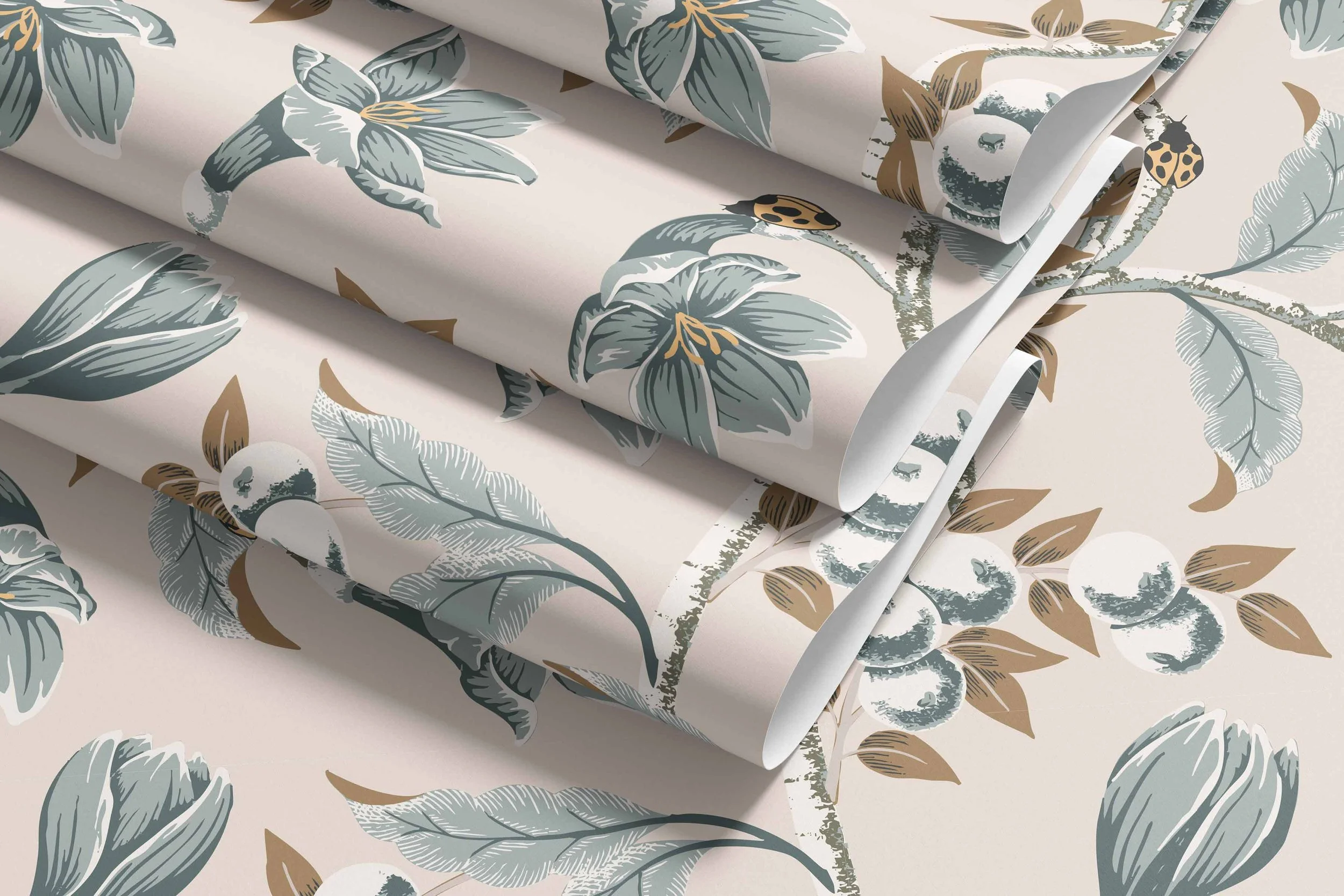 Wallpaper featuring heritage inspired flowers and ladybugs