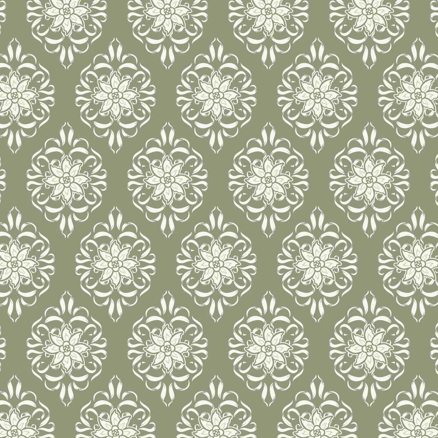 A repeating pattern featuring ogee medallions with curling leaves surrounding a central flower