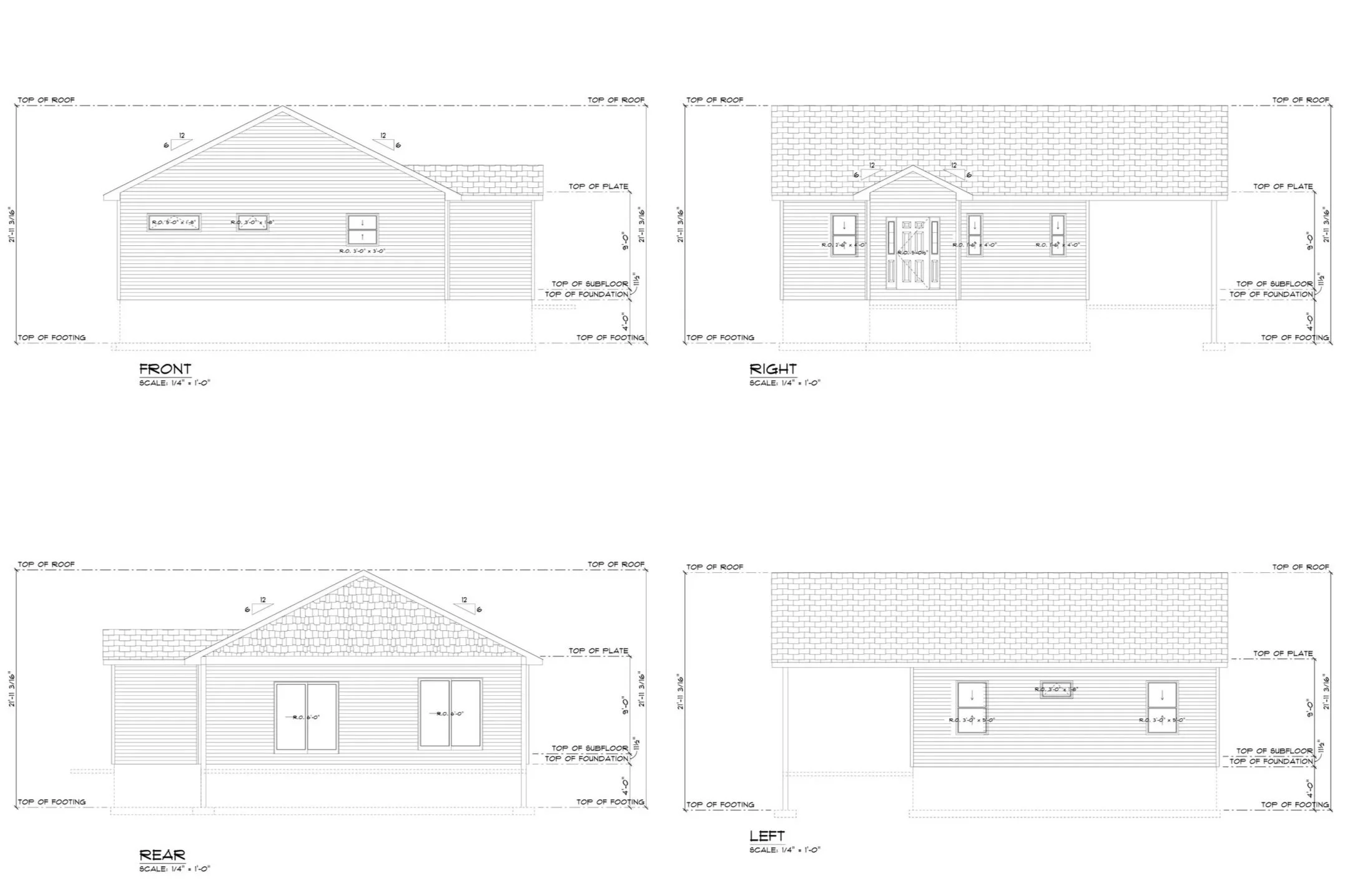Architectural blueprint of a house showing front, rear, right, and left elevations with detailed measurements and construction notes.