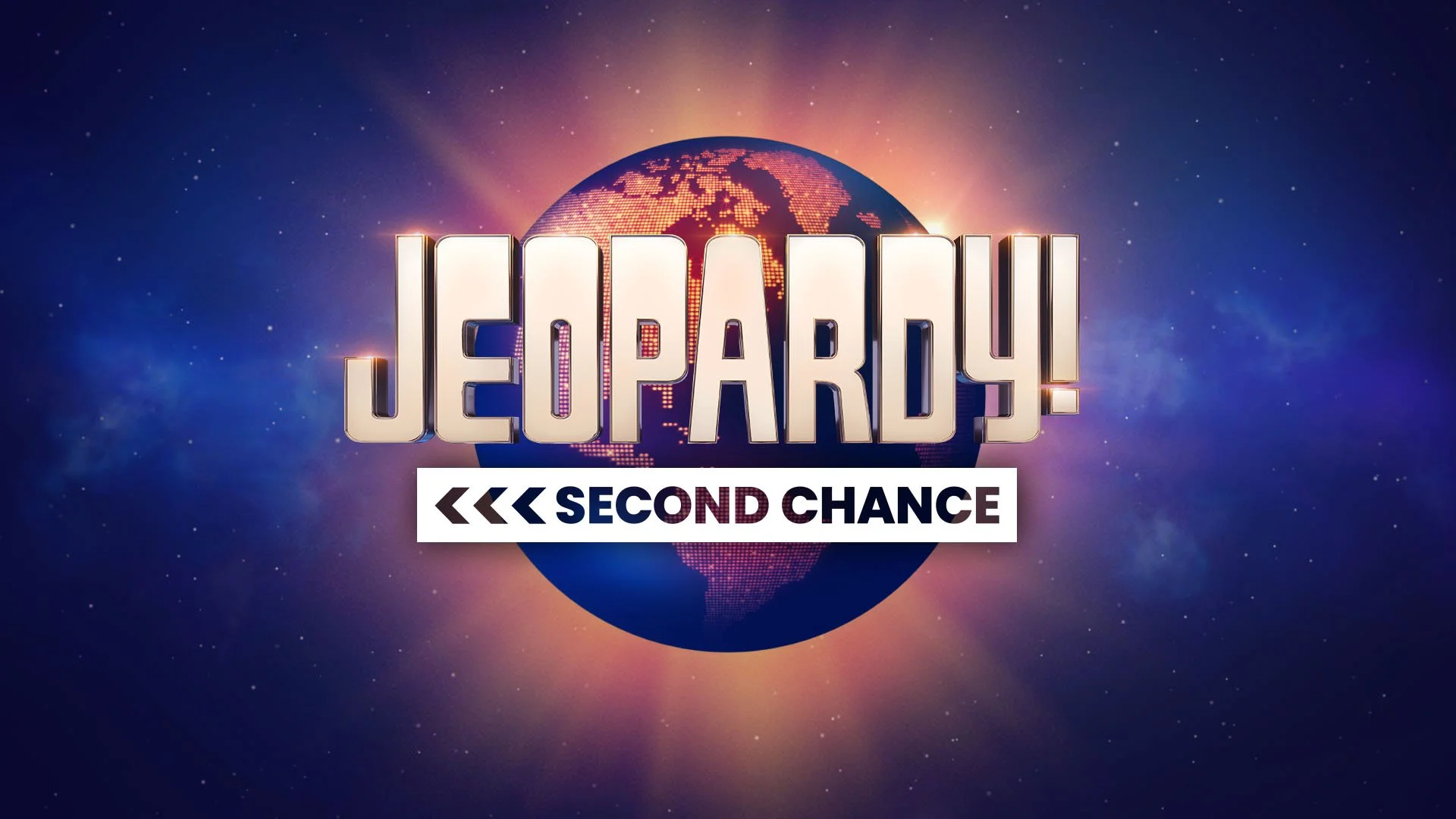 Logo for Jeopardy! with the subtitle 'Second Chance' over a digital globe and starry background.