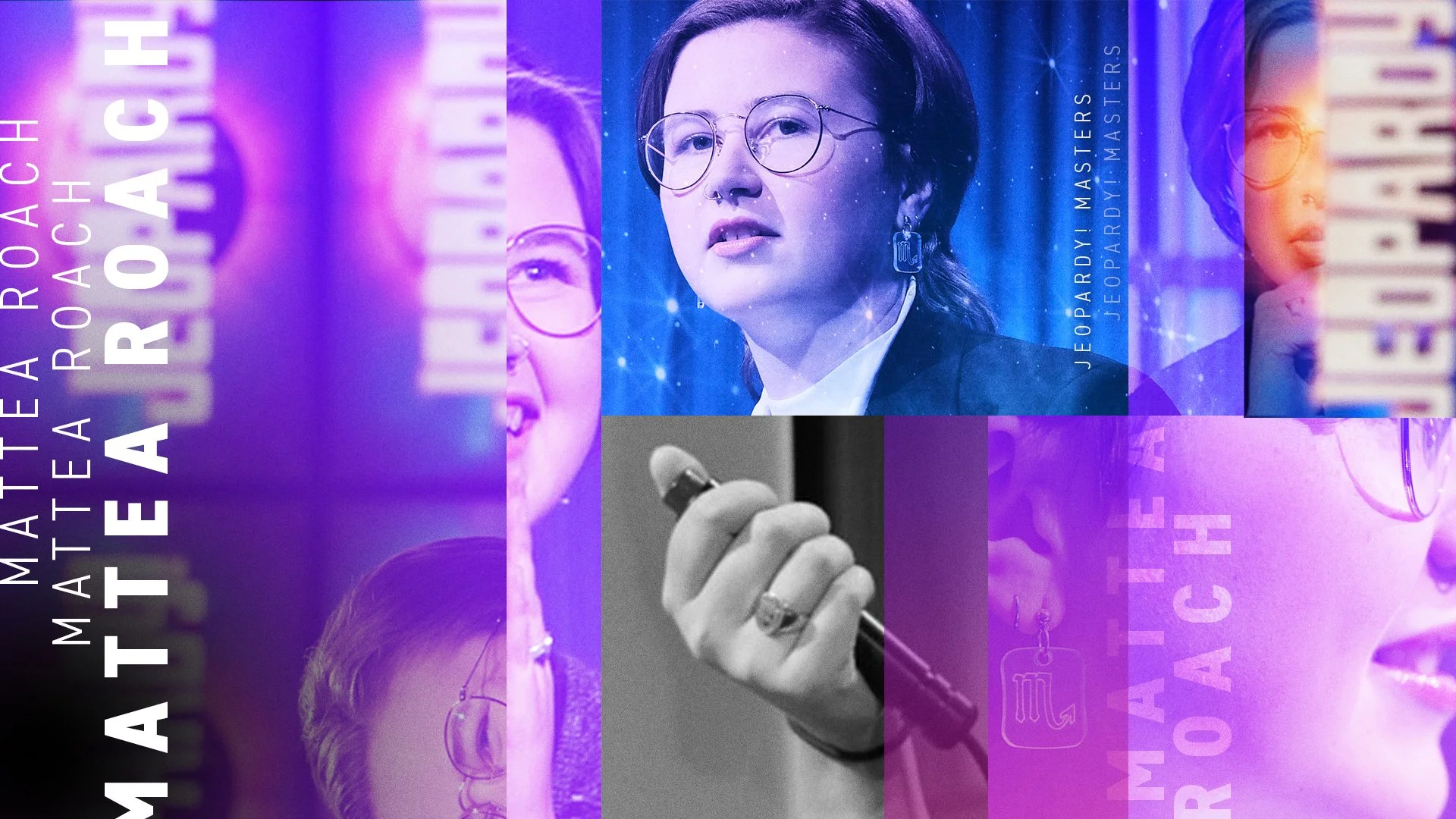Collage featuring a woman with short dark hair and glasses, holding a microphone, with text including 'Matatareach', 'Jeopardy! Masters', and close-up images of her face.