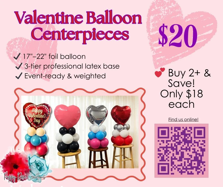 Say it with balloons this Valentine&rsquo;s Day 💕🎈

✨ Valentine Balloon Centerpieces
💲 $20 each | Buy 2+ for $18 each
🎉 Perfect for parties, gifts, schools &amp; offices

https://forms.gle/Di3aKecHJW6PrtwM8
Click link above to order! &mdash; quan