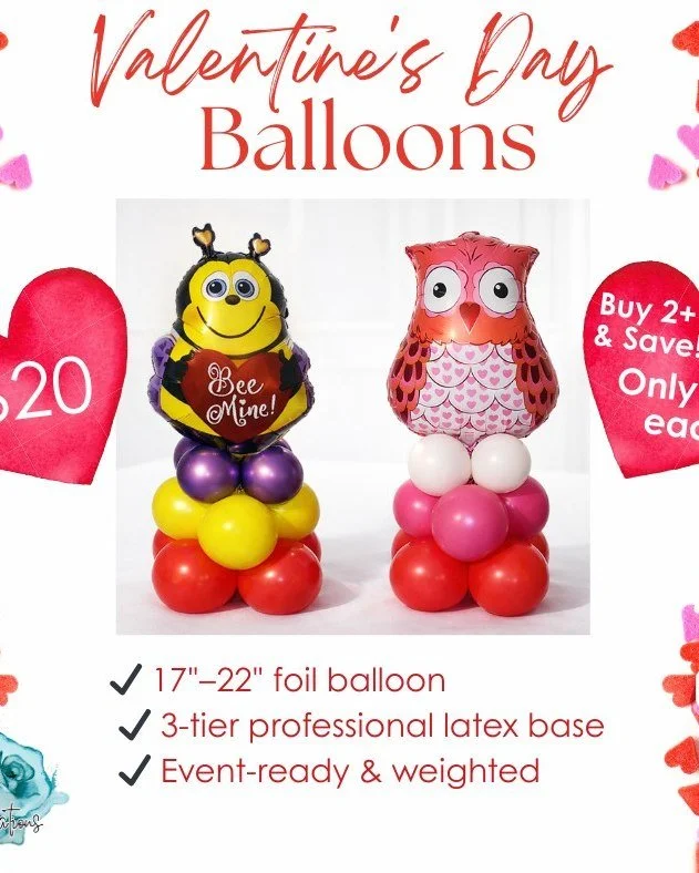 Add a festive and eye-catching touch to your Valentine&rsquo;s celebration with our handcrafted balloon centerpieces. Each design features a premium Valentine-themed foil balloon atop a three-tier balloon base, styled with coordinated colors for a cl