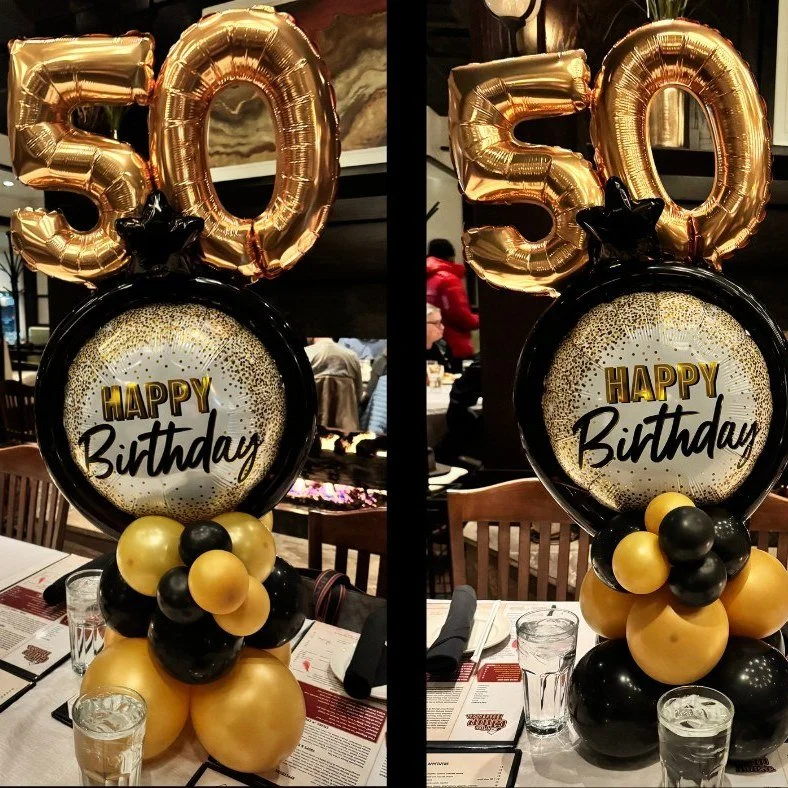 I was lucky enough to create 50th birthday tabletop centerpieces and deliver them to Chop House for a family dinner. Inspiration was provided by the client, but I will be using this style again. I think they turned out great!
Balloons: 
Decomex stand