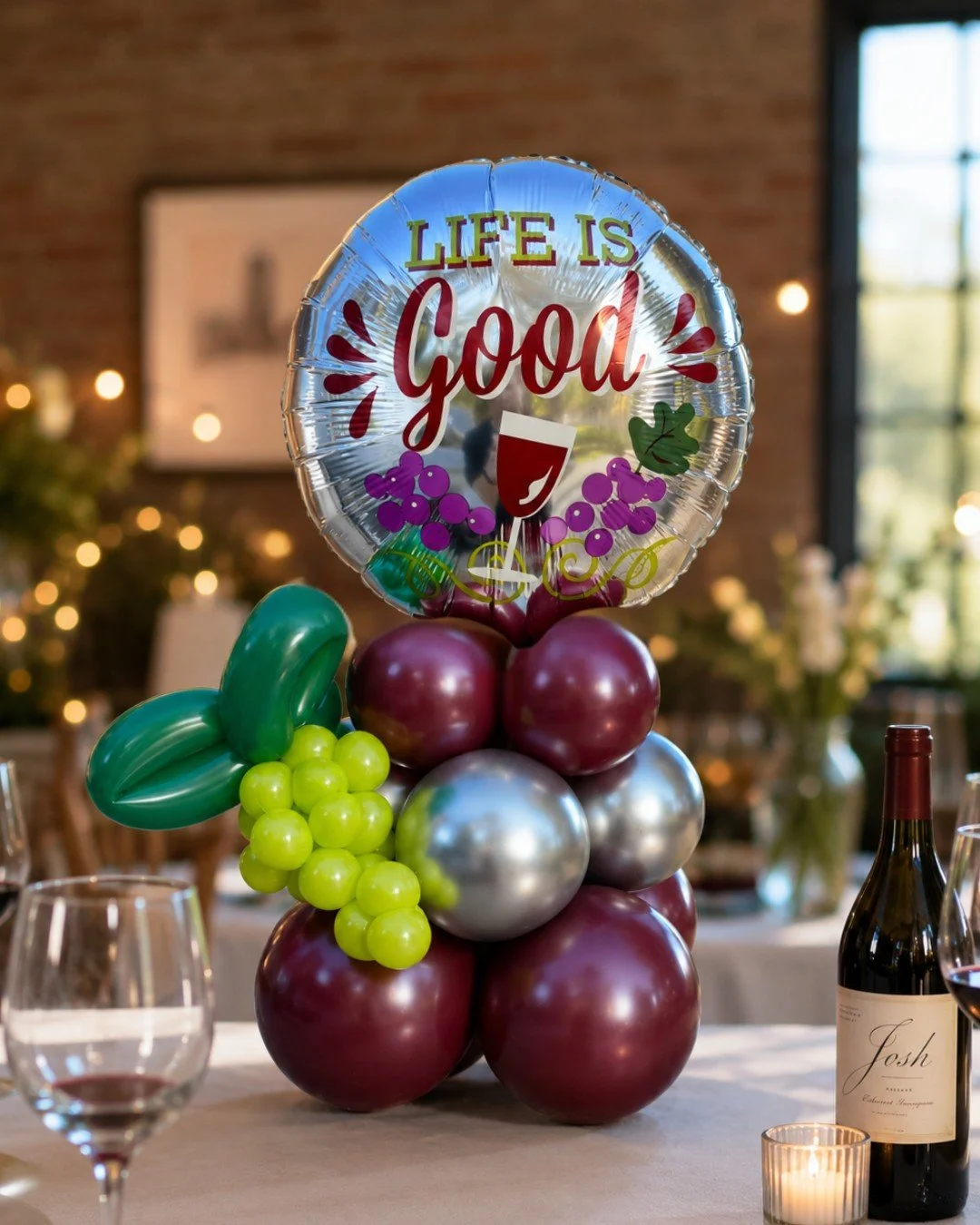 Balloon centerpiece for a girl's night wine party. First time creating and using grape balloons. They turned out pretty good. I hope I get to use them again soon.
.
Decomex luster silver
Decomex burgundy
Decomex Assorted 260s
.
 #murfreesboro #balloo
