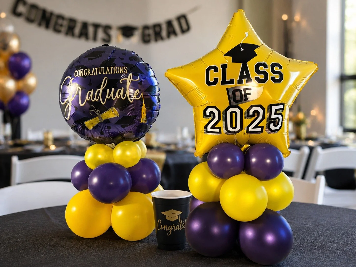 When you do balloons and your daughter graduates with her master's degree from Emerson College in Boston, you take balloons with you to surprise her after the ceremony. 💜💛 I wish I could have done more, but luggage space was limited. ✈FYI--She clai