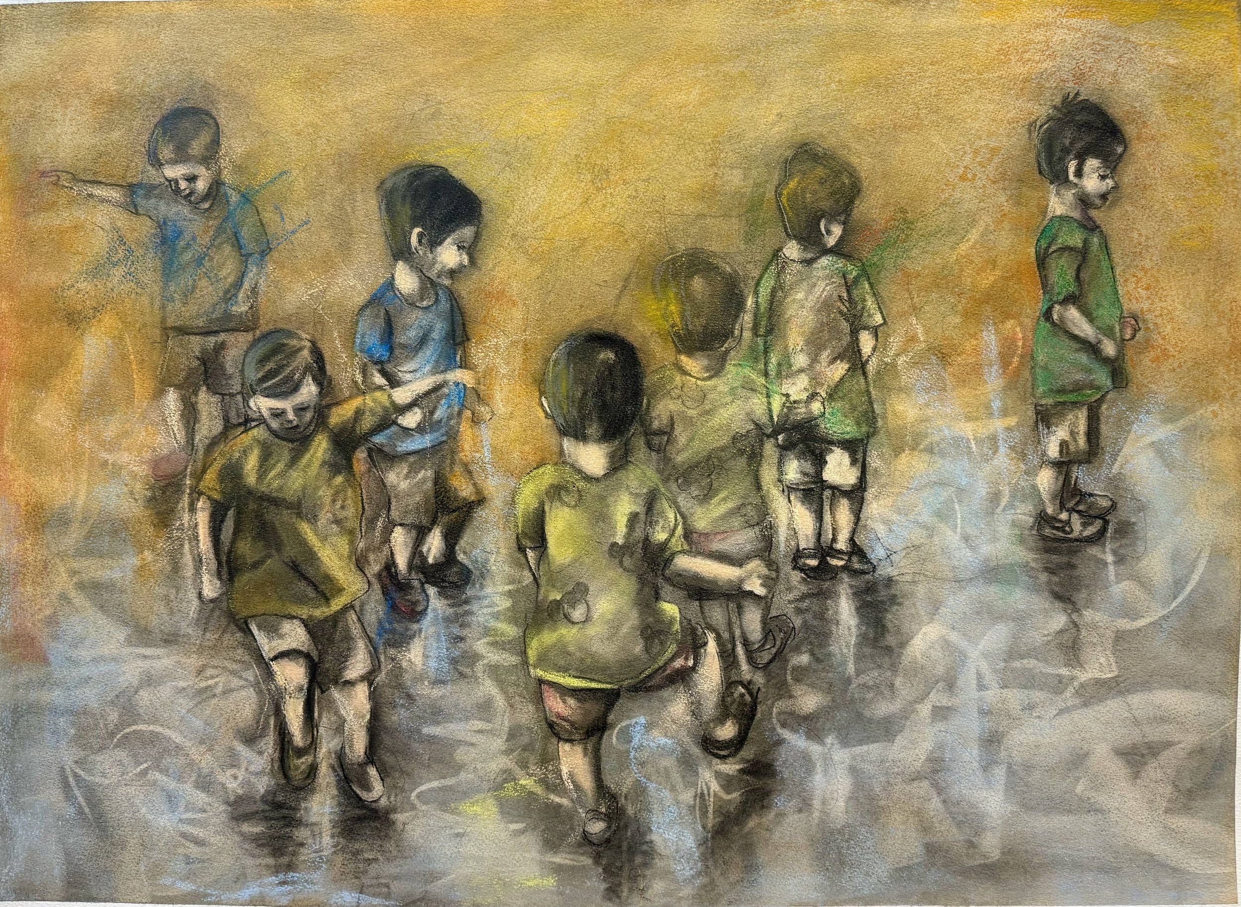 Puddle Jump Bliss, 2024
charcoal and pastel on paper, 22x30 inches