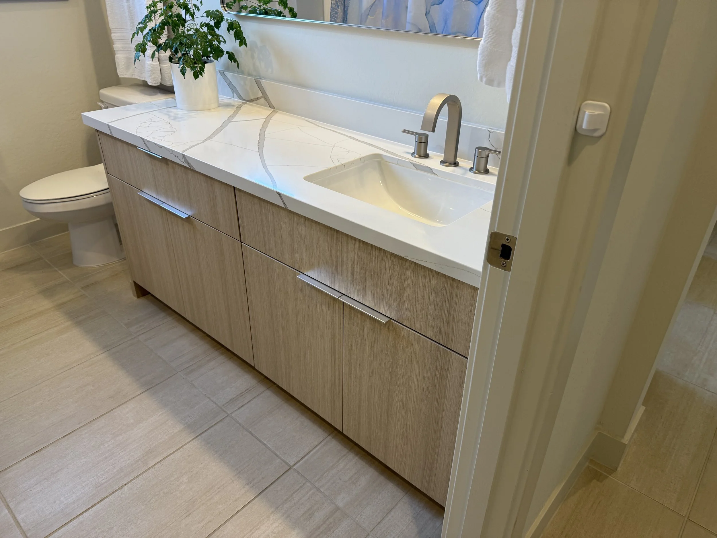 Custom eclipse cabinet vanity. European style cabinet, full access, TFL laminate.