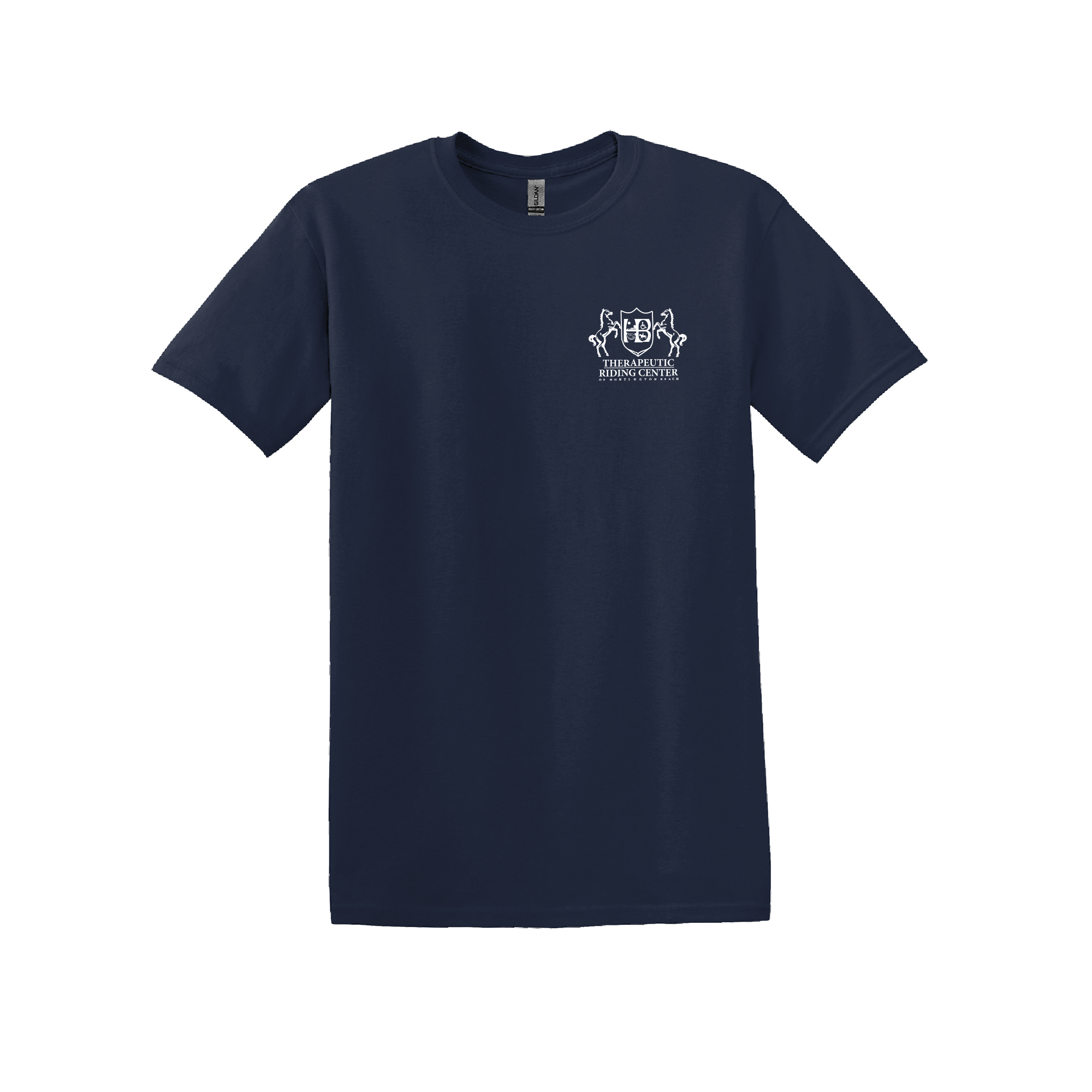 Navy blue t-shirt with a white logo on the left chest that includes a crest with two horses and the text 'Therapeutic Riding Center' inside.