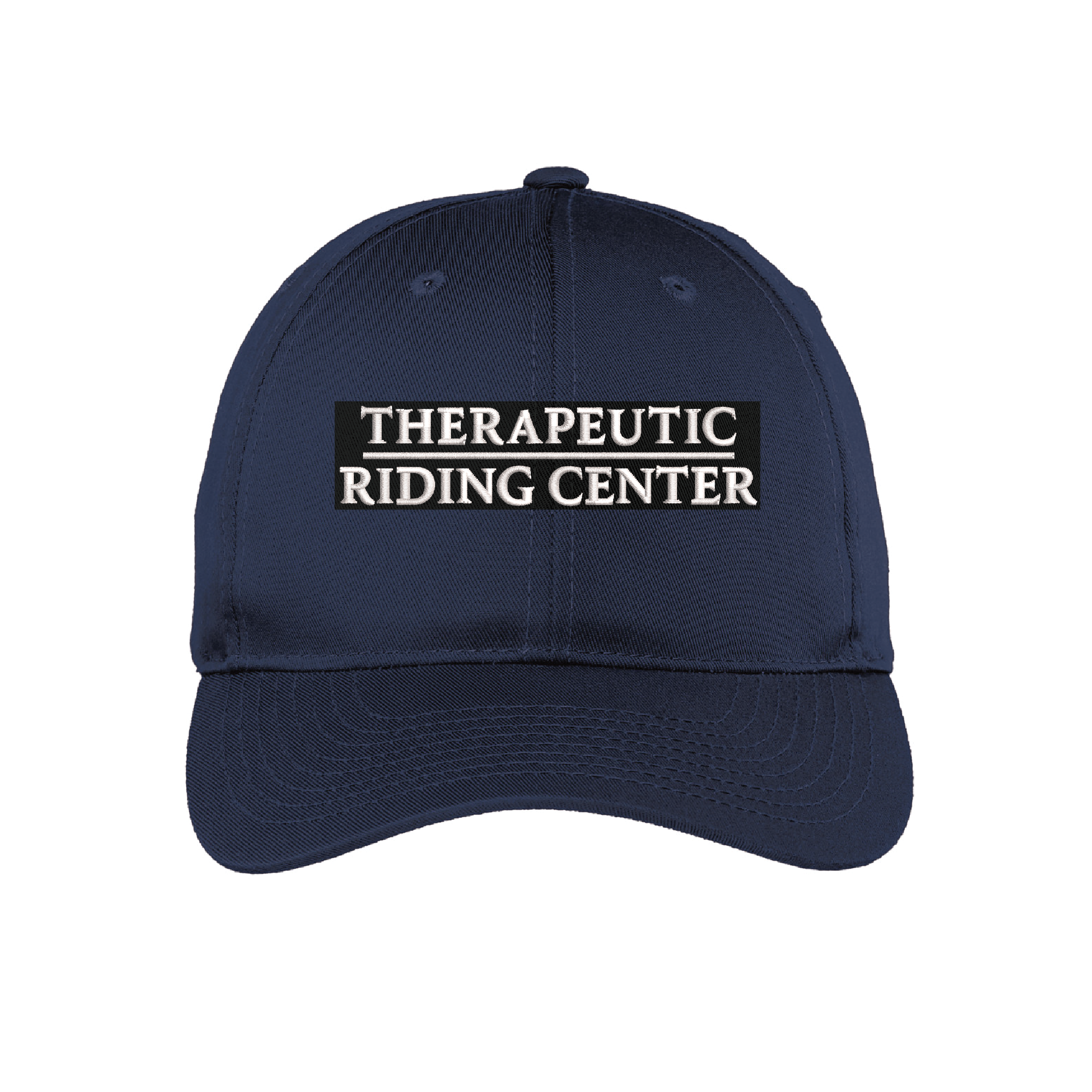 A navy blue baseball cap with embroidered text 'Therapeutic Riding Center' on the front.