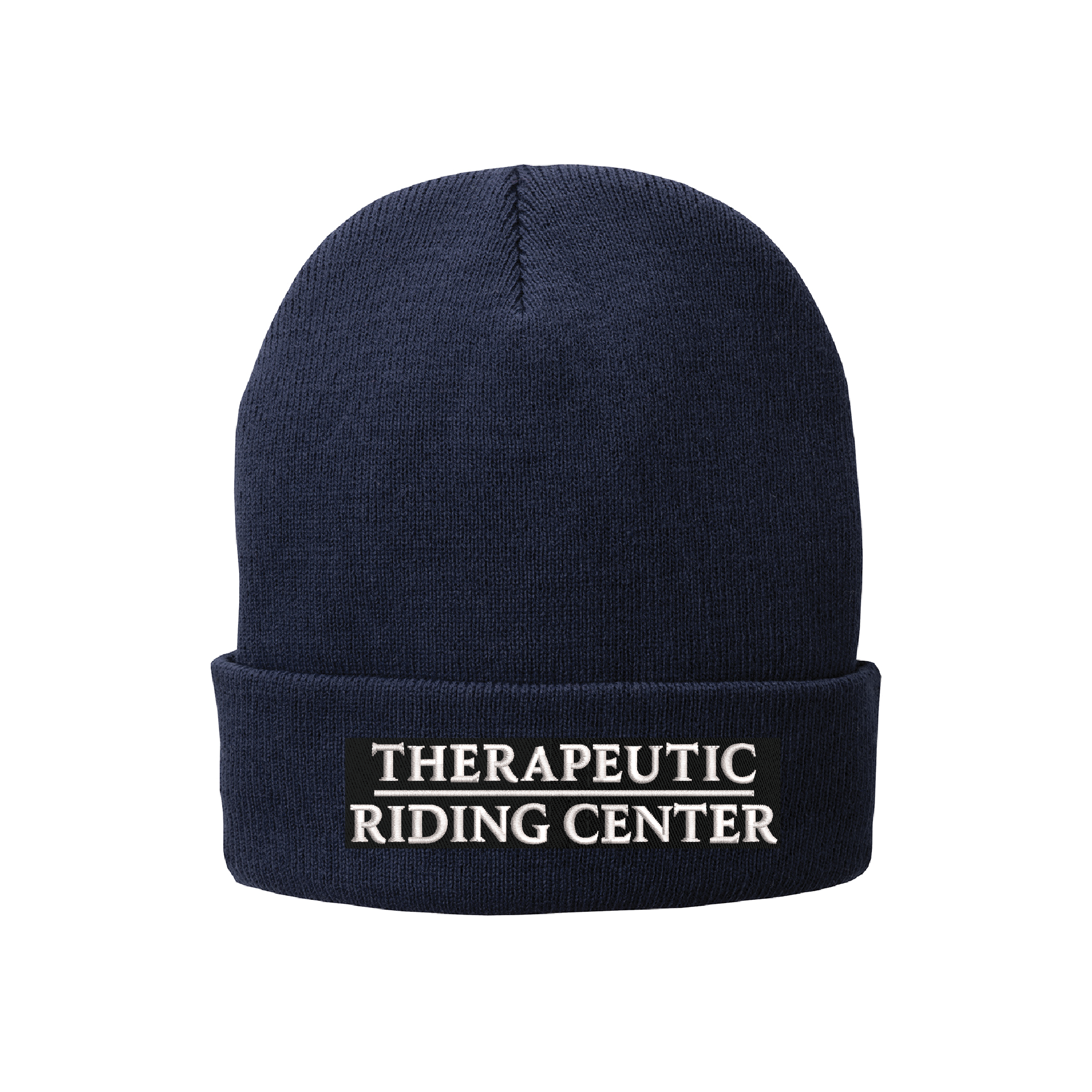 Navy blue knit beanie with a folded cuff embroidered with white text reading 'THERAPEUTIC RIDING CENTER'.