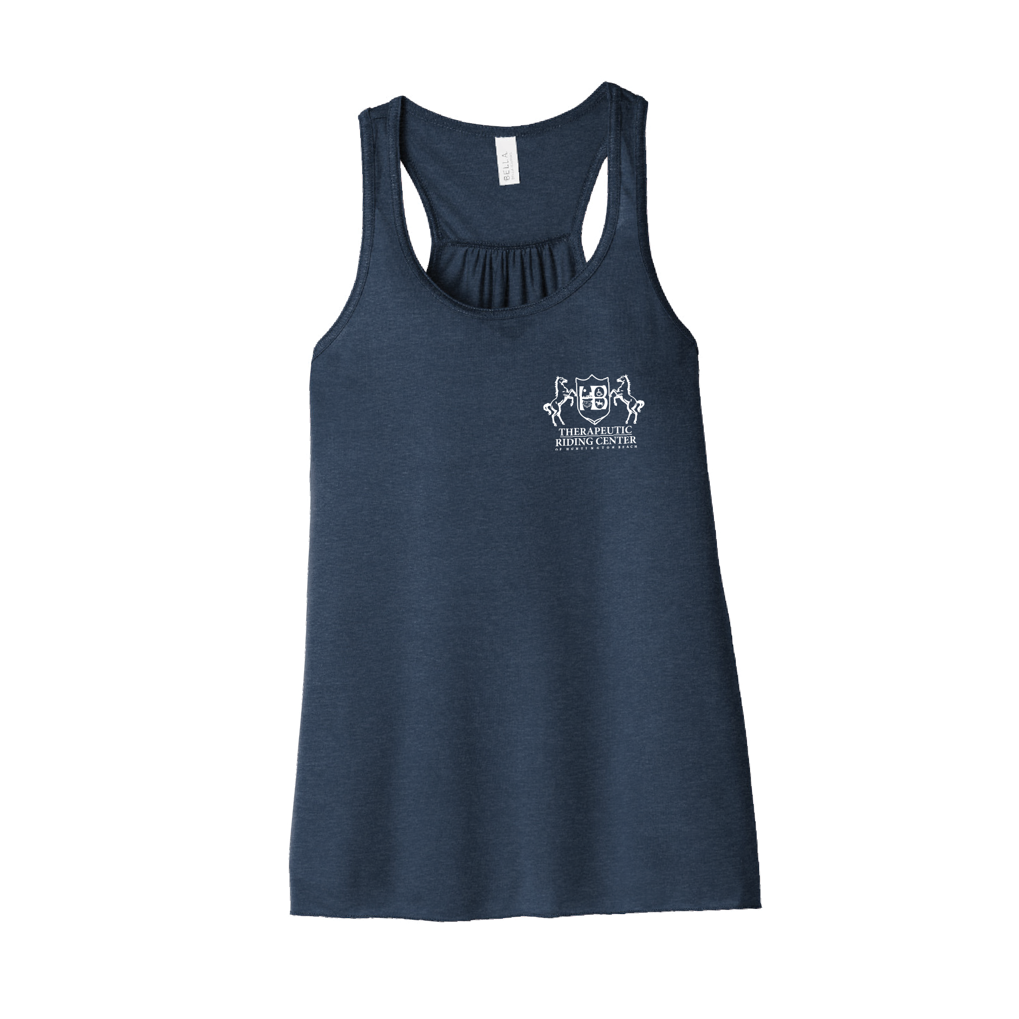 Navy blue sleeveless athletic tank top with logo for Therapeutic Riding Center.