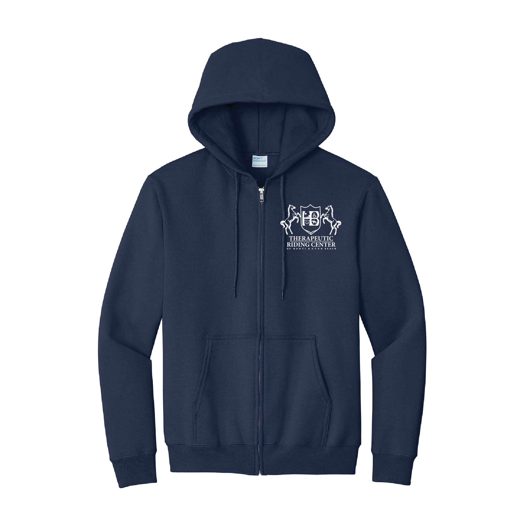 Navy blue zip-up hoodie with a logo on the left chest that reads 'Therapeutic Riding Center of Huntington Beach' and features a crest with two horses.