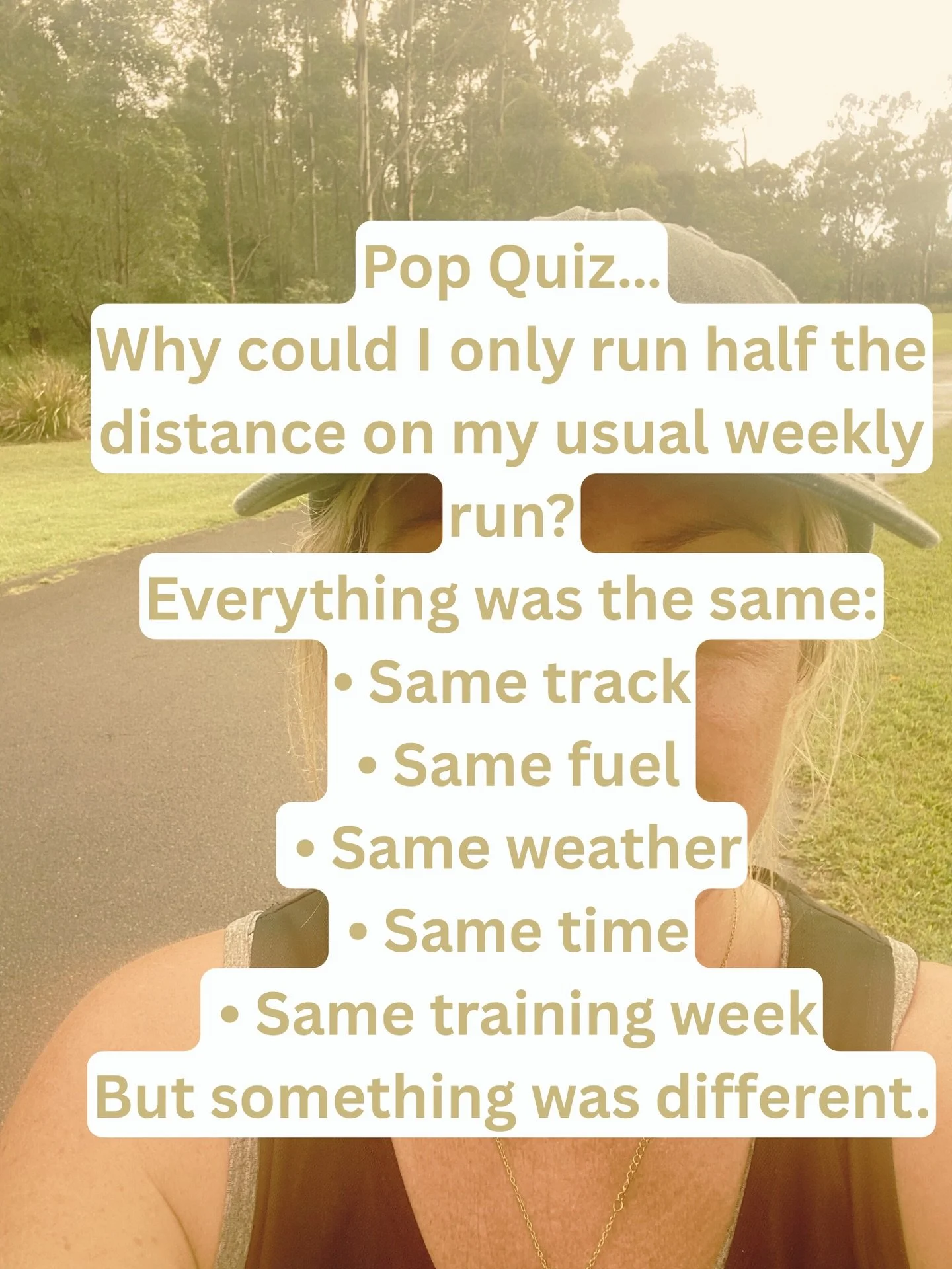 Training lesson from this week&rsquo;s run.

Everything was identical to my usual weekly run.

Same track.
Same fuel.
Same time.
Same training around the run.

Yet I could only run half the distance.

The difference?

I was two days before my period.