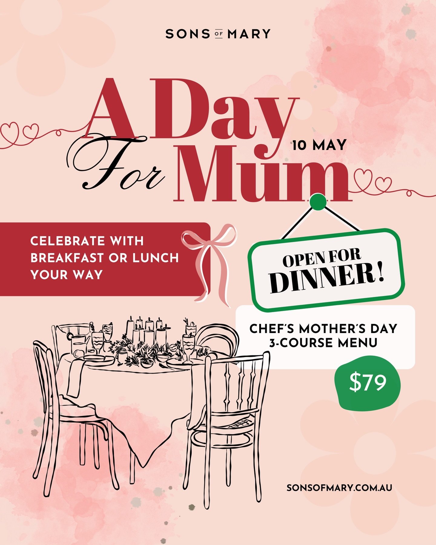 Make this Mother&rsquo;s Day one to remember by spoiling Mum with breakfast, lunch or dinner at Sons of Mary!

Join us for a relaxed breakfast or long lunch, featuring all your favourites from our &agrave; la carte menu alongside a few special additi